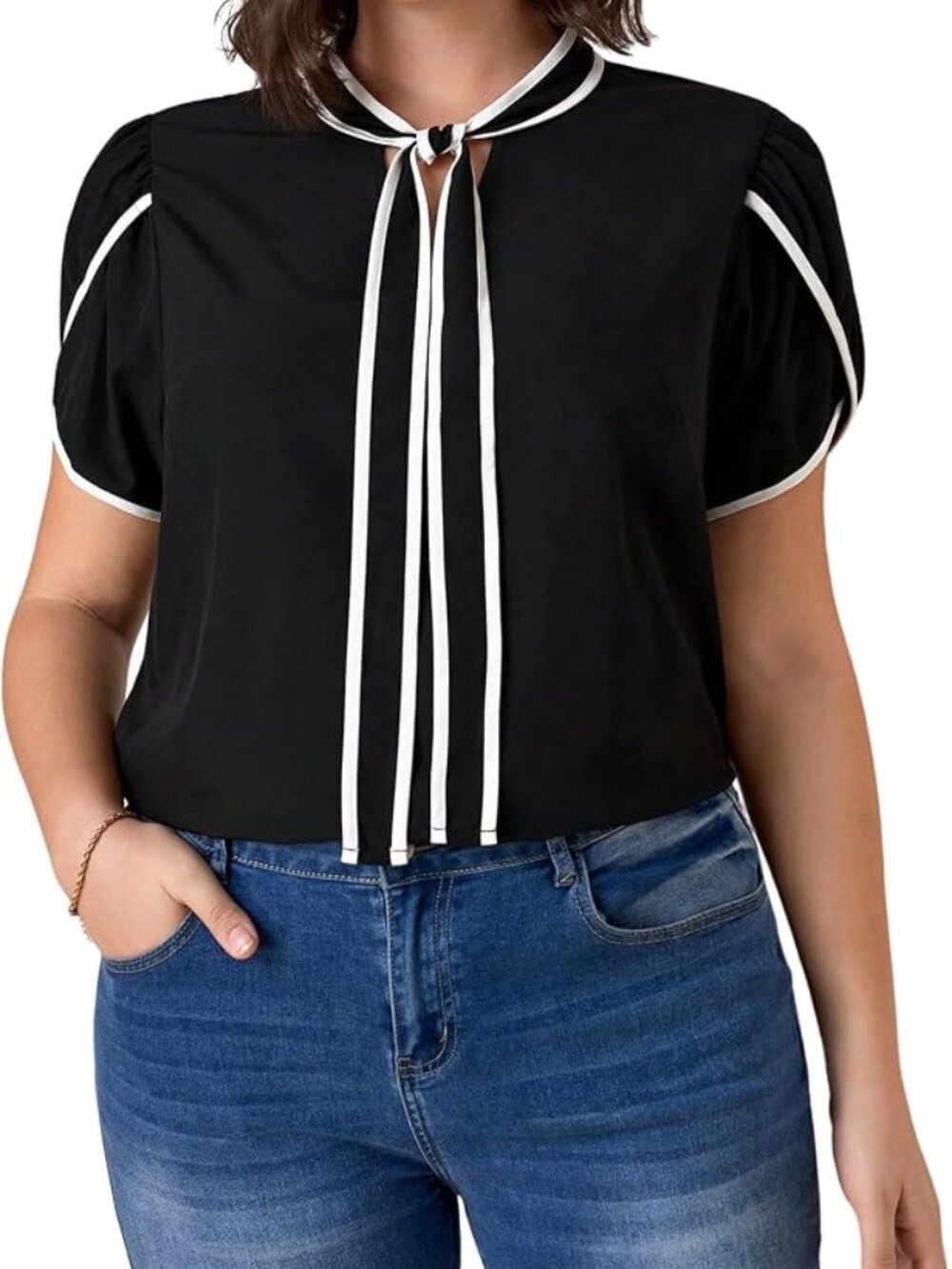 🖤🤍✨ NWT Plus Size 4X Black & White Bow Tie Neck Business Blouse - Picture 3 of 4